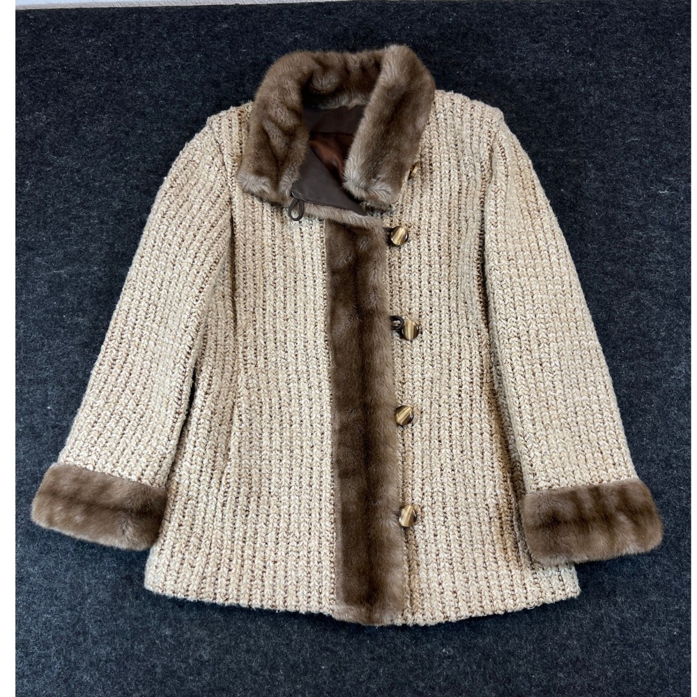 Vintage Country Pacer Atissavel Faux Fur Trim Knit Texture Coat Tan Womens 8